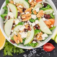 Apple Salad · (Mix greens, tomato, cucumbers, green peppers, onions, walnuts, feta dried, cranberries and ...