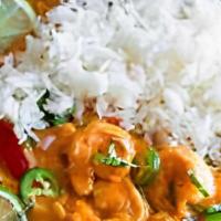 Yellow Coconut Curry Shrimp (Copy) · coconut curry, shrimp yams, onions, bell peppers with jasmine rice
