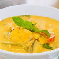 Yellow Curry Chicken (Sp) · Served with jasmine rice.