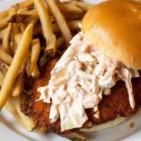 Fried Chicken Sandwich · Deep Fried Panko Breaded Chicken Topped with Chipotle Slaw, Pickles and Russian Dressing, Si...