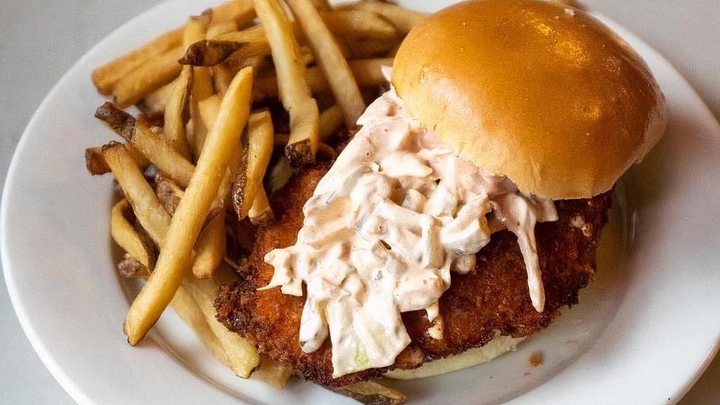 Fried Chicken Sandwich · Deep Fried Panko Breaded Chicken Topped with Chipotle Slaw, Pickles and Russian Dressing, Side of Fries or Salad