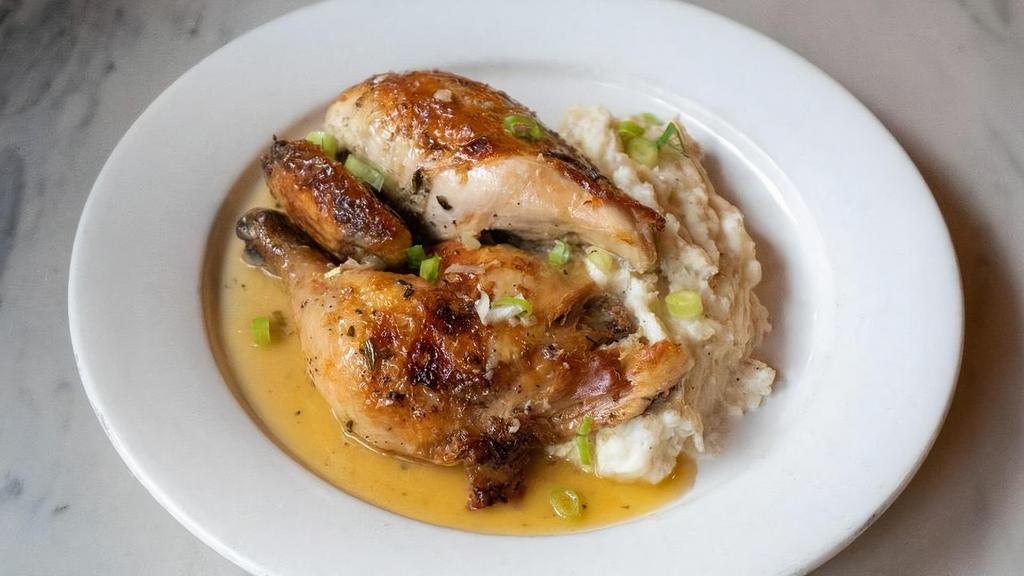 Rosemary 1/2 Chicken · Roasted Free Range Half a Chicken with Gravy and a Side of Garlic Mashed Potatoes. **GF**