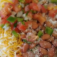 Bean & Cheese · Pinto beans, cheddar, jack, and Mexican crumbled cheese, brown rice, pico, side of sour cream.
