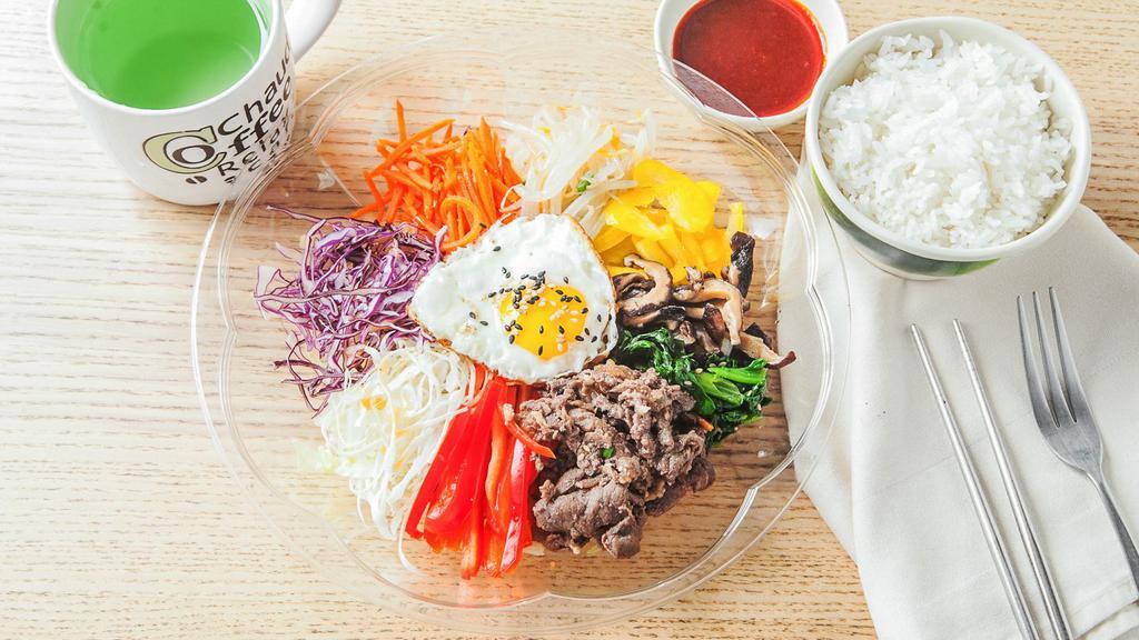 Vegetable Bi-Bim-Bab (비빕밥) · Assortment of lightly sauteed vegetables, fried egg  and white rice. Served with spicy Bibimbap sauce on the side