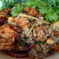 Nam Sod (Spicy) · Ground pork mixed with lime dressing, ginger, peanut, onion, scallion, and crispy fried mixt...