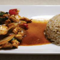 Pad Gaprow (Spicy) · Choice of meat sautéed with garlic, chili, onion, and bell pepper in a tasty thai basil sauce.