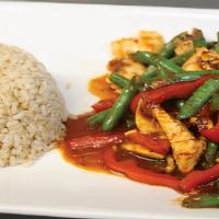 Pad Prig King (Spicy) · Choice of meat sautéed with string beans, bell pepper, and lime leaves in a prig king curry ...