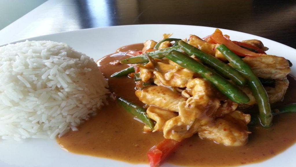 Thai Amarin Panang (Spicy) · Choice of meat sautéed with bell pepper, string beans, onions, and carrots in a mildly sweet and spicy panang and peanut sauce.