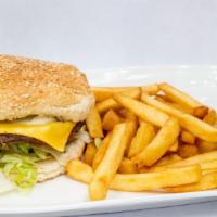 Cheese Burger Deluxe  · Cheese Burger with lettuce, tomato, mayonnaise and ketchup with French fries  on the side