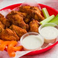 Buffalo Wings (10Pc) · Plain or tossed, choice of dipping sauces.
