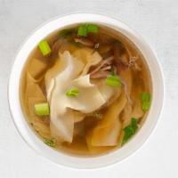 Wonton Soup · Handmade ground pork wontons in a clear chicken broth based soup.  Garnished with scallions ...