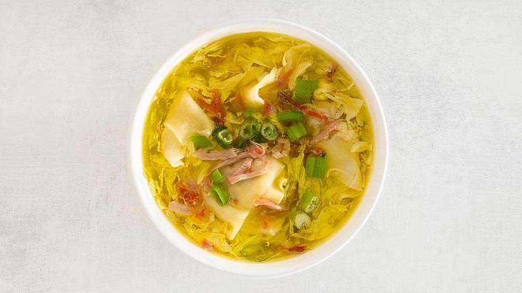 Wonton Egg Drop Mixed Soup · Handmade ground pork wontons in our egg drop soup. Garnished with scallions and shredded pork.
