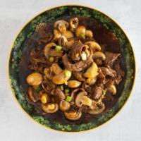 Beef With Mushrooms (Small) · Sliced beef and chopped white mushrooms cooked down and then wok tossed in our classic brown...