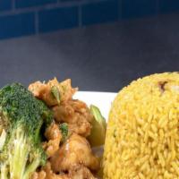 Chicken With Broccoli (Small) · Sliced white meat chicken and broccoli crowns wok tossed in our classic brown sauce.