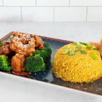 Sesame Chicken · Served with your choice of rice and your choice of egg roll on the side