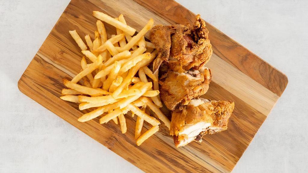 Fried Half Chicken · Fried to order and cut into 4 pieces.  Served plain or with your choice of side