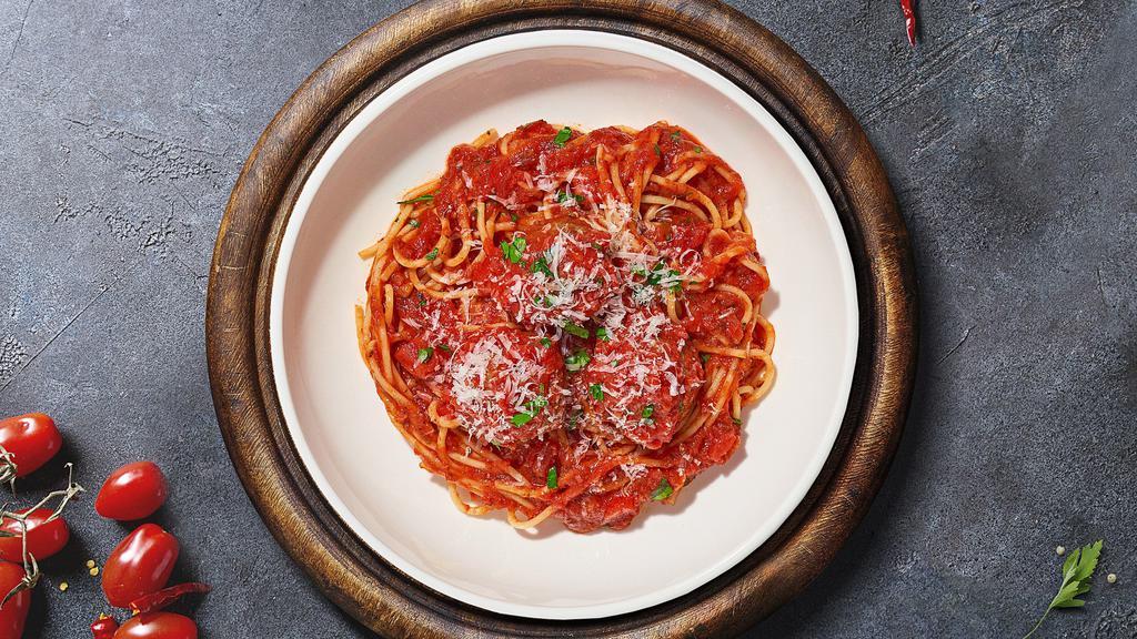 Meet Your Meatball Pasta · Homemade ground beef meatballs served with rossa (red) sauce, red pepper flakes, and parmesan served with your choice of pasta.
