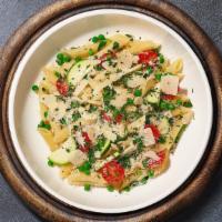 Primetime Primavera Pasta (Penne) · Penne tossed with olive oil, zuchinni, halved cherry tomatoes, peas, parmesan cheese and cho...