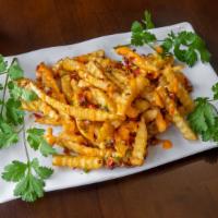 Loaded Fries/Loaded Cheese Fries) (Vegan) · Loaded fries with a optional vegan cheese! Made with diced peppers and vegan soy protien bac...