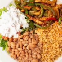 Grilled Chicken Fajita Platter · Served with 4 flour tortillas, Mexican rice, pinto beans, pico de gallo, Romaine lettuce, an...