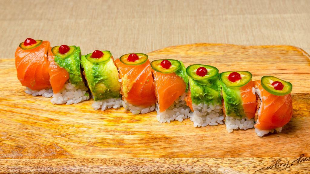 Spicy Girl Roll · Spicy crunch salmon, cucumber inside topped with salmon, avocado, jalapeño and spicy sauce.