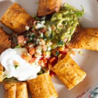 Flautas Con Pollo · Order of 3. Deep fried tortilla stuffed with chicken and onions, served with sour cream, let...
