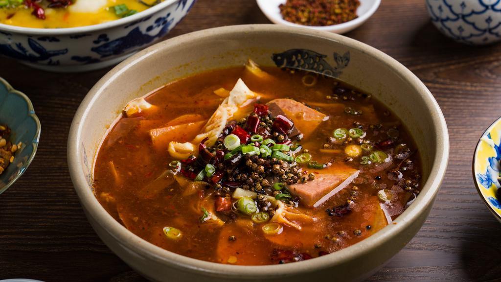 毛血旺 Mao Xue Wang · Duck blood, intestine, tripe, beef aorta, spam, bean sprouts, peppercorn; szechuan delicacy.