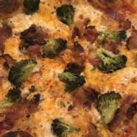 Spicy Bacon Broccoli  · homemade spicy red sauce, mozzarella, cheddar cheese, grilled bacon, roasted broccoli.