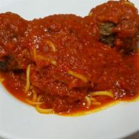 Spaghetti With Meatballs · Spaghetti in a homemade tomato sauce and homemade meatballs.