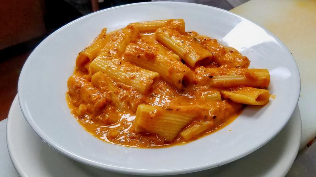 Rigatoni With Vodka Sauce · Pasta with a homemade vodka sauce with a smooth, creamy marinara and sauteed onion sauce with vodka and heavy cream.