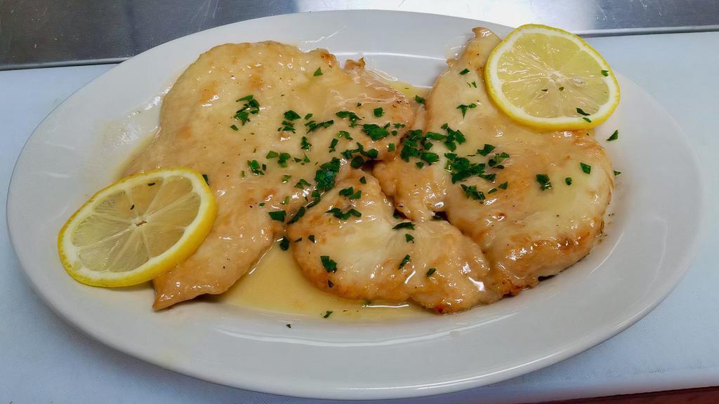 Chicken Piccata · Chicken breast dipped in flour and egg then lightly fried. Served in a sauce made with white wine, lemon, butter and capers with choice of pasta or salad.