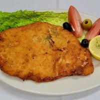 Chicken Milanese · Thin chicken cutlets, lightly breaded and fried, with fresh lemon on the side. Served with c...