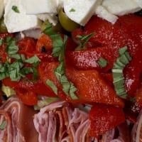 Antipasto · Fresh mozzarella and provolone cheese, roasted red peppers, tomatoes, salami, ham cappy, and...
