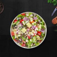 Get Greek Salad · (Vegetarian) Romaine lettuce, cucumbers, tomatoes, red onions, olives, and feta cheese tosse...