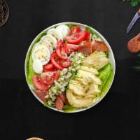 Cobb Champ Salad · (Vegetarian) Romaine hearts, blue cheese, bacon, hard-boiled pastured egg, avocado, and toma...