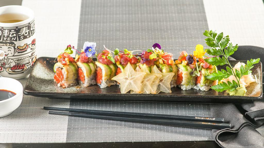Summer Spark Roll · Spicy tuna inside. Topped with avocado, diced tuna, and mango. Served with yuzu wasabi.