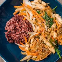 Jap Chae · Stir fried sweet potato noodle with vegetable served over multi-grain rice.