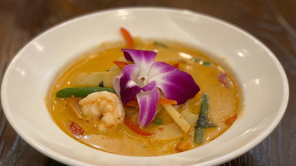 Red Curry (With Rice) · Spicy. Bamboo shoots, eggplants, bell peppers, carrots, string beans with coconut milk.