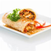 Chicken Burrito · Hot Burrito filled with Grilled Chicken, gouda cheese, grilled onions, peppers, black beans,...