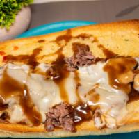 Bronx Bomber · Roast beef, melted mozzarella cheese, gravy on a garlic hero.