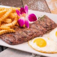 Steak And Eggs · Skirt Steak, Any Style Eggs,  Accompanied with French Fries