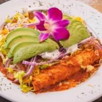 Enchiladas · Baked rolled tortillas stuffed with Chicken, Beef or  Cheese, topped in red chile sauce & ch...