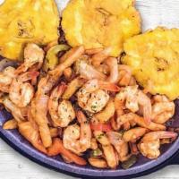 Camarones Salteados · Sautéed shrimp with bell peppers.