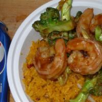 Shrimp Broccoli · Served with pork fried rice and can soda