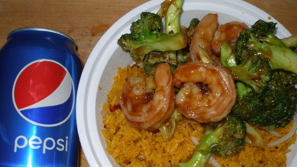 Shrimp Broccoli · Served with pork fried rice and can soda