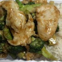 Chicken & Broccoli · Served with white rice.