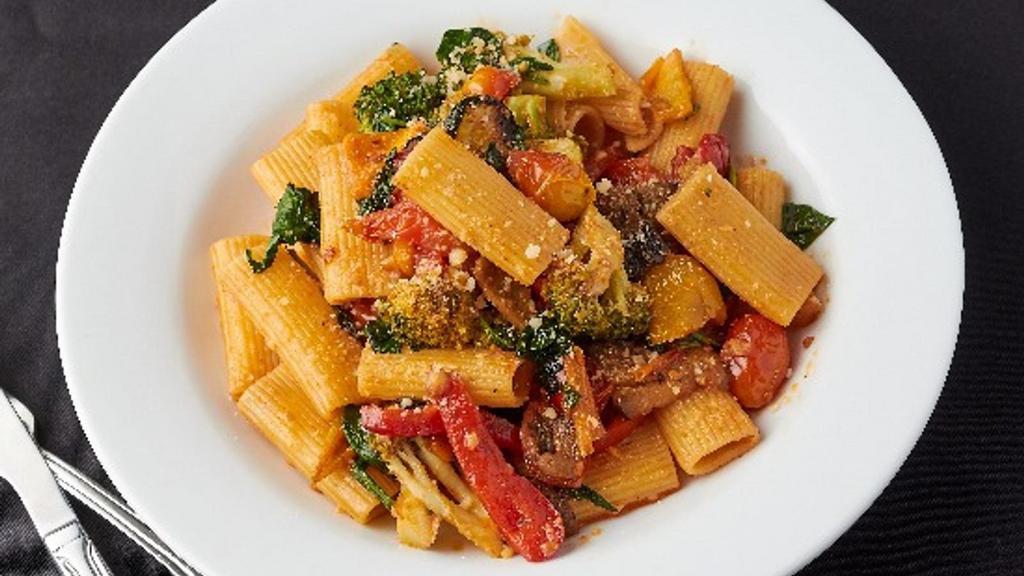 Rigatoni Primavera · Grilled vegetables, diced plum tomatoes, sauteed spinach parmigiano, and roasted garlic olive oil.