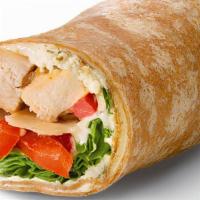 Grilled Chicken Caesar Wrap · WHOLE WHEAT WRAP, GRILLED CHICKEN, ASIAGO CHEESE, LETTUCE, TOMATO, AND CAESAR DRESSING