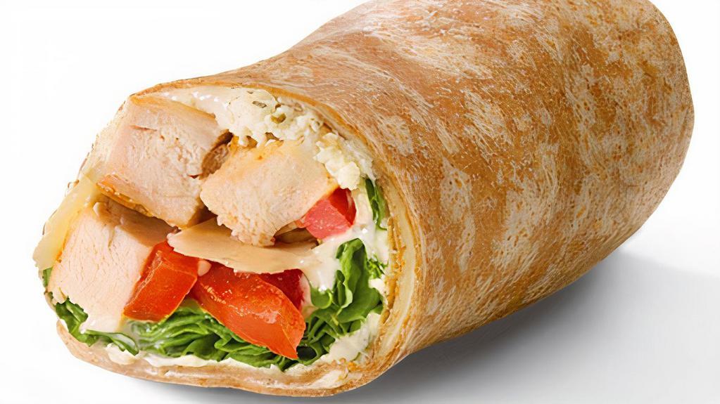 Grilled Chicken Caesar Wrap · WHOLE WHEAT WRAP, GRILLED CHICKEN, ASIAGO CHEESE, LETTUCE, TOMATO, AND CAESAR DRESSING