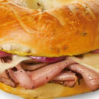 Ellis Island Hot Pastrami · Rye bagel with Swiss cheese, grilled onion & spicy mustard